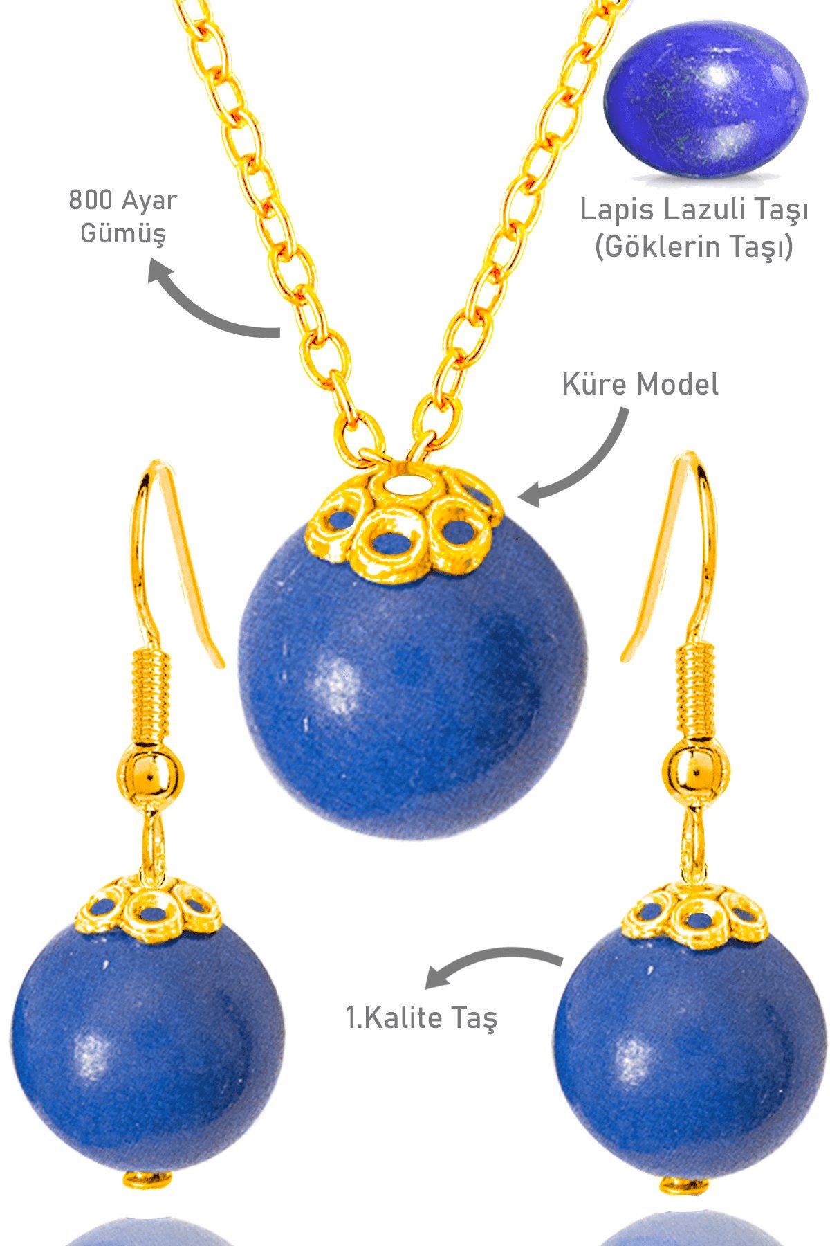 Sertifikalı Gold Küre Model Lapis Lazuli Taşı Kolye ve Küpe Seti - Gümüş Aparatlı