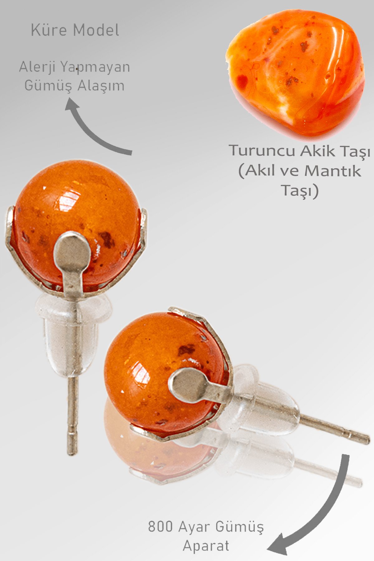 Sertifikalı Gerçek Turuncu Akik Taşı Nokta Doğal Taş Küpe