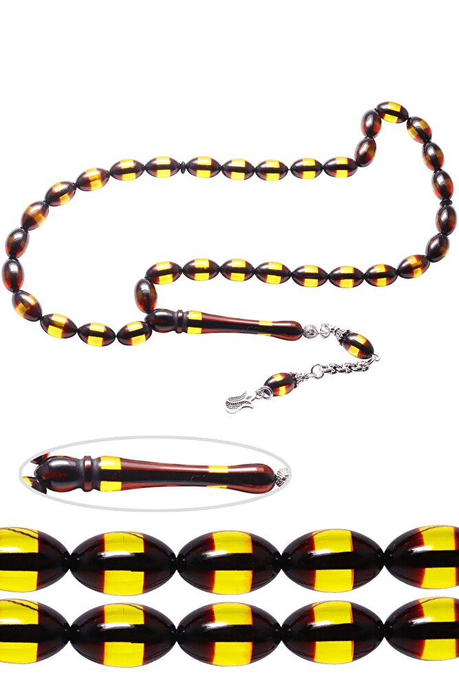 Sertifikalı Beyzi Kesim Sarı Siyah Sürmeli Toz Kehribar Tesbih