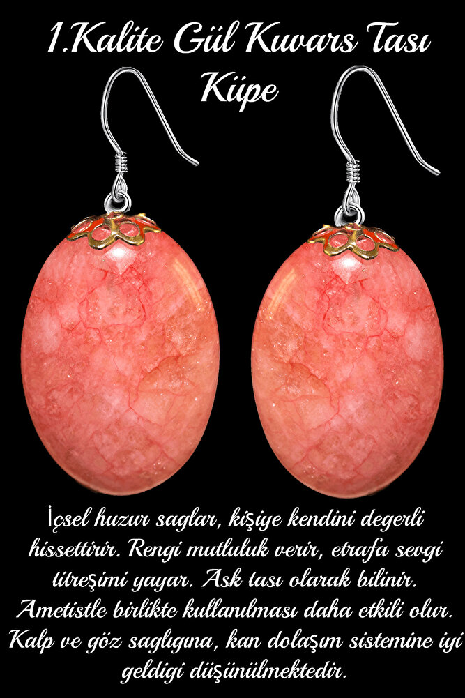 Sertifikalı Oval Kesim Gül Kuvars Taşı Doğal Taş Küpe - Aaa+kalite