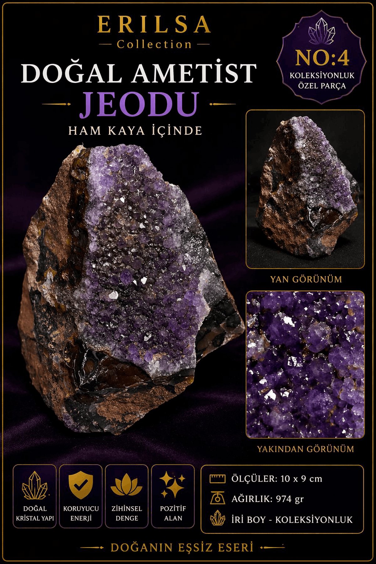 Sertifikalı Doğal Ametist Jeodu Taşı Kütle İri Boy Kristalli Ham Kaya Koleksiyonluk Özel Parça