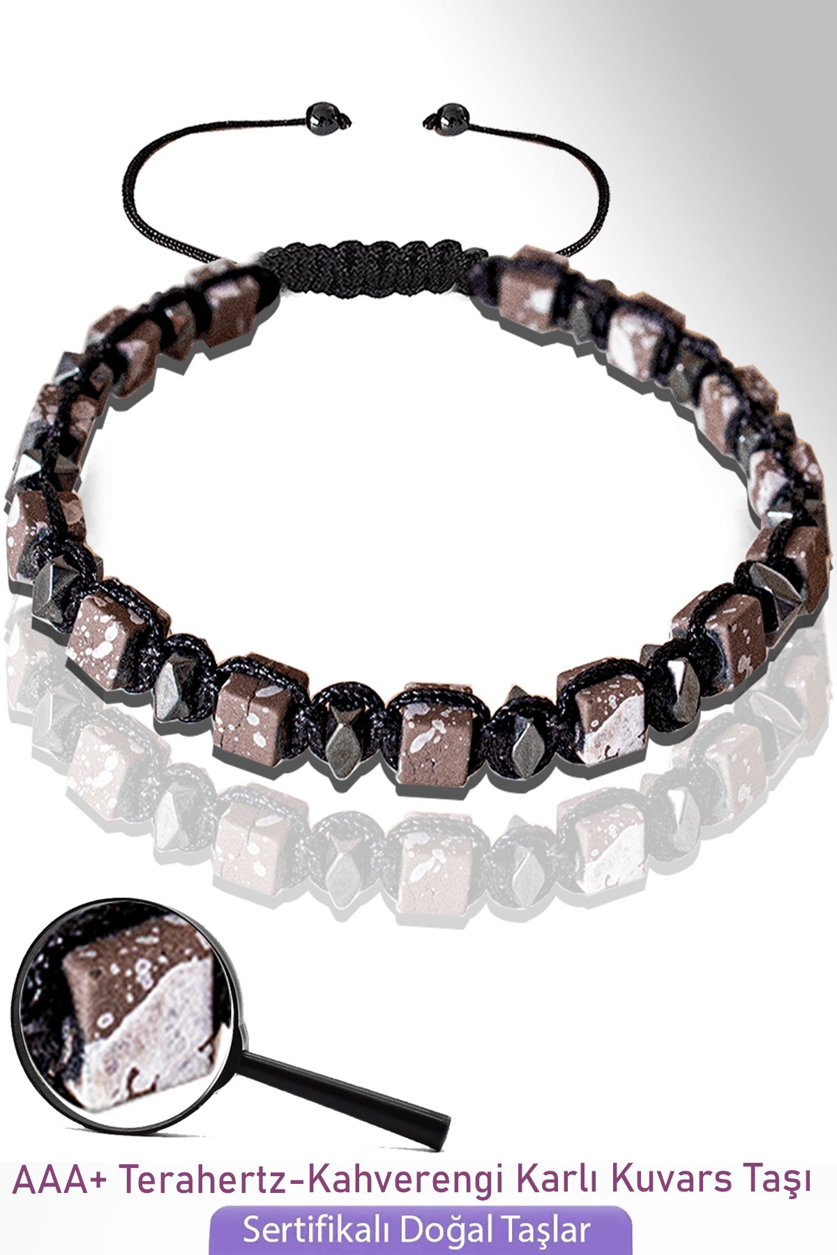 Sertifikalı Küp Model Kahverengi Karlı Kuvars Taşı Bileklik - Ayarlamalı