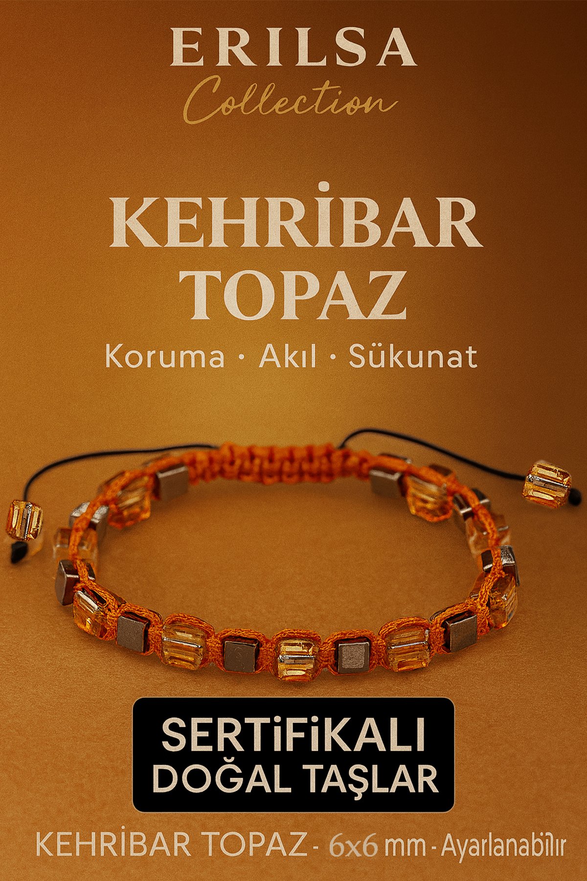 Sertifikalı Doğal Terahertz - Kehribar Turuncu Topaz Taşı Bileklik - Koruma ve Sükunet Taşı