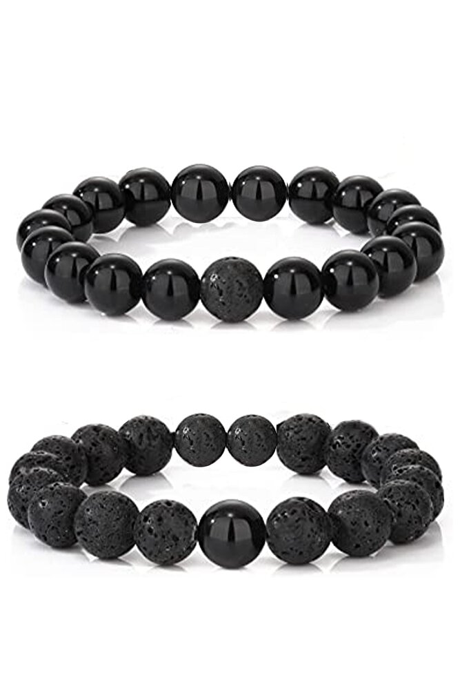 Sertifikalı Aaa Kalite Doğal Obsidyen - Lav Taşı Bileklik Seti