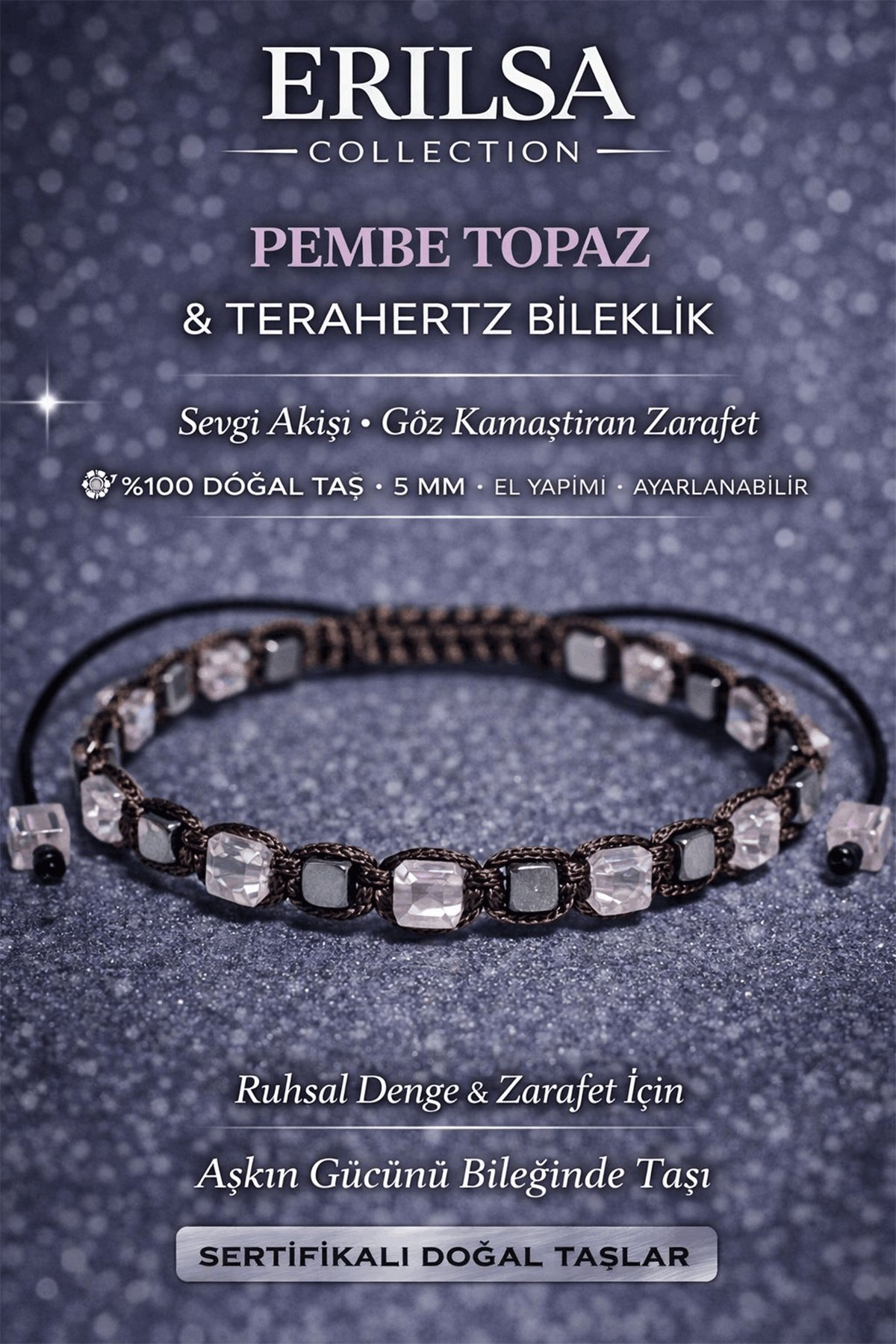 Sertifikalı Pembe Topaz Bileklik - 5 mm Küp Kesim Terahertz Doğal Taş Minimal Ayarlanabilir