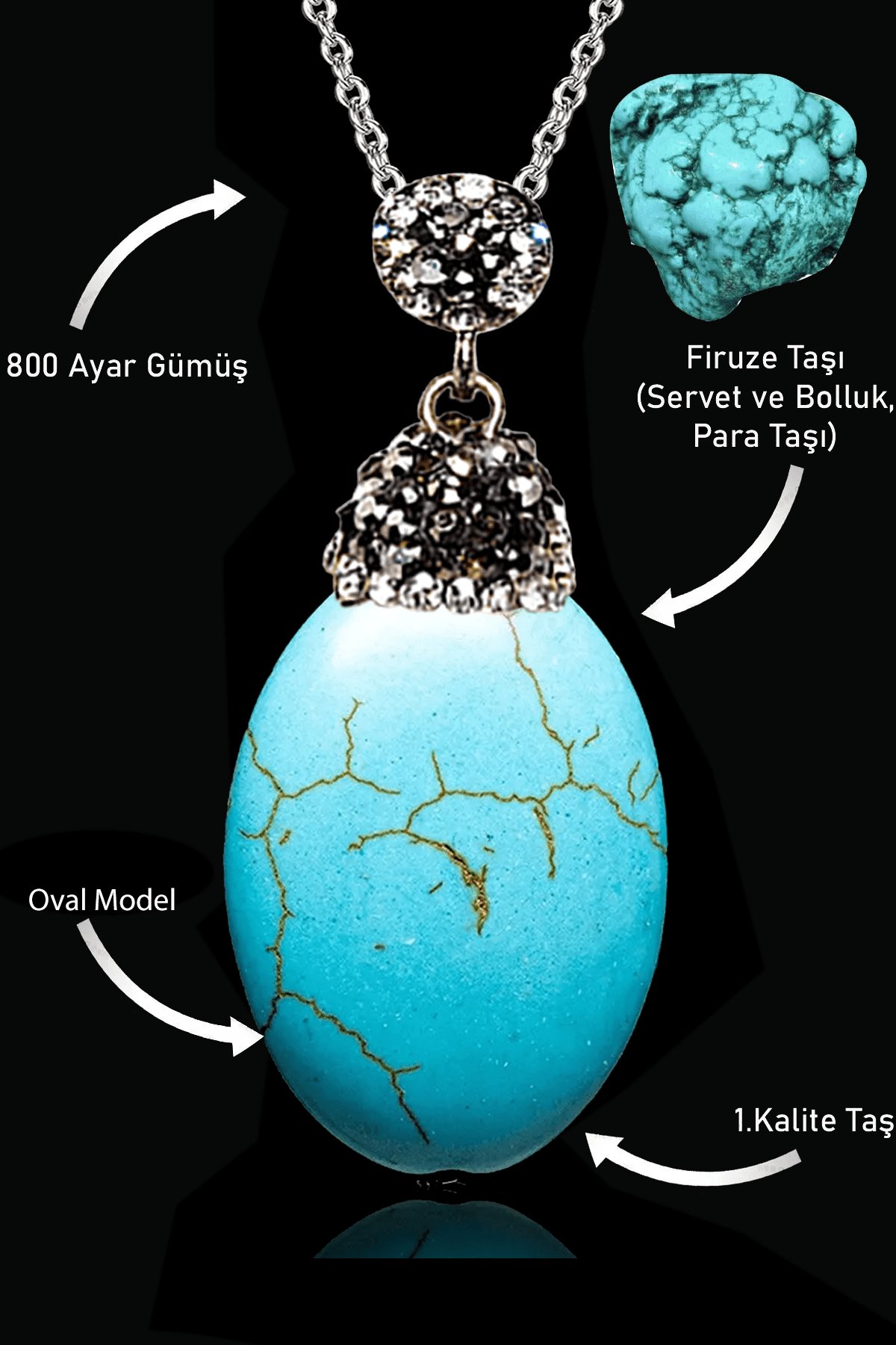 Sertifikalı XL Zirkon Taşlı Oval Model Firuze Taşı Kolye (Turkuaz Taşı)