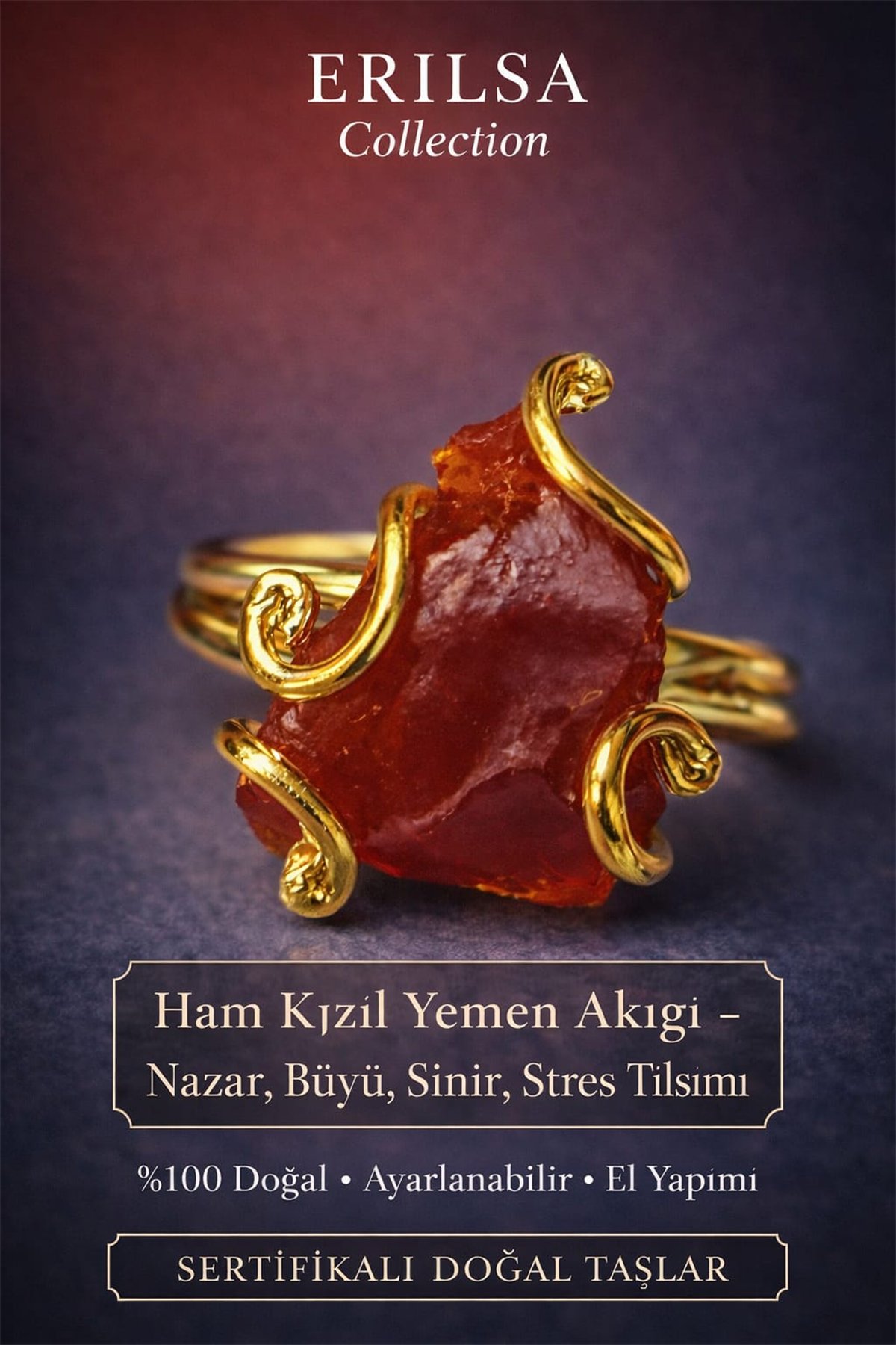 Sertifikalı Nazar Büyü Sinir Stres Tılsımı Yüzüğü – Ham Kızıl Yemen Akik Taşı – Ayarlamalı Rokoko 