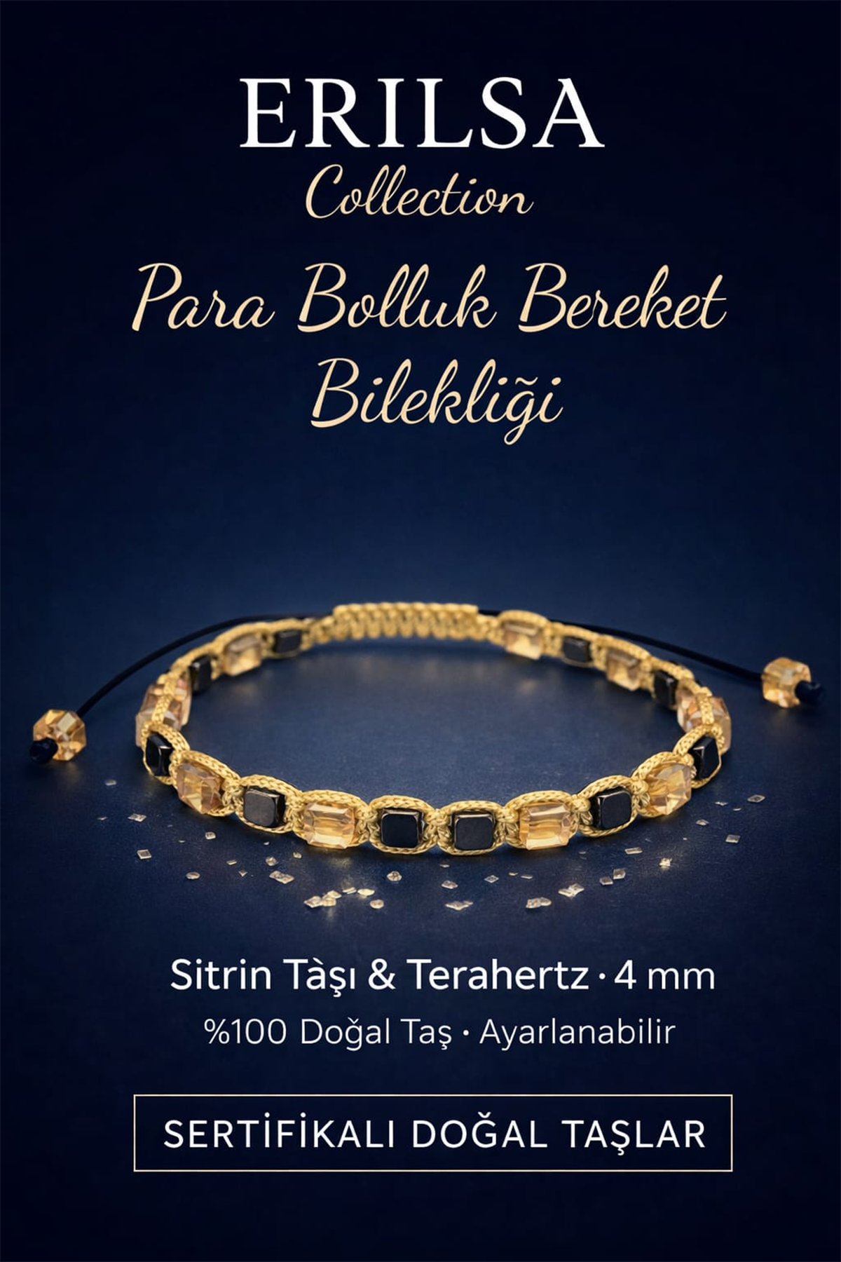 Sertifikalı Küp Para Bolluk Bereket Zenginlik Bilekliği - Sitrin ve Terahertz 4mm Doğal Taş