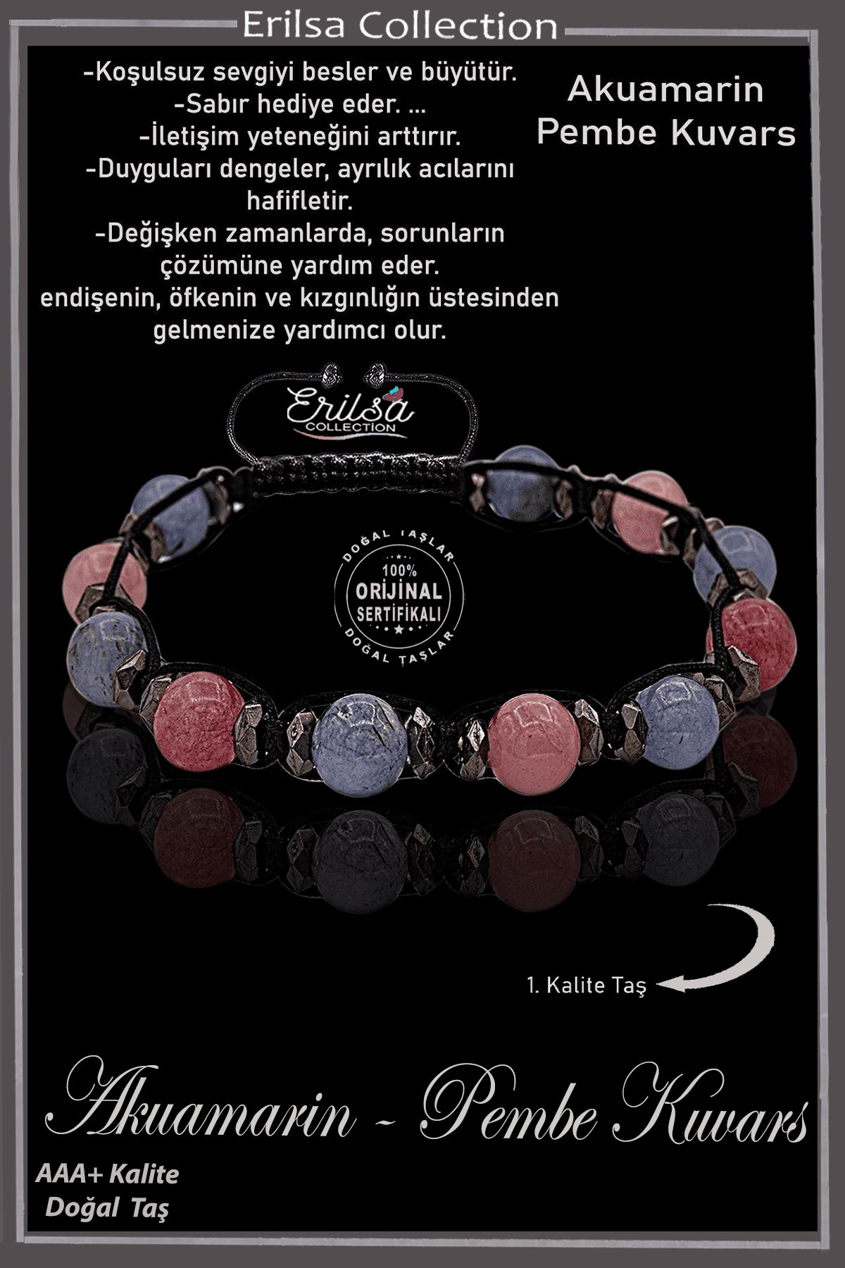 Sertifikalı Gerçek AAA+ Terahertz - Pembe Kuvars - Akuamarin Taşı Bileklik- Ayarlamalı