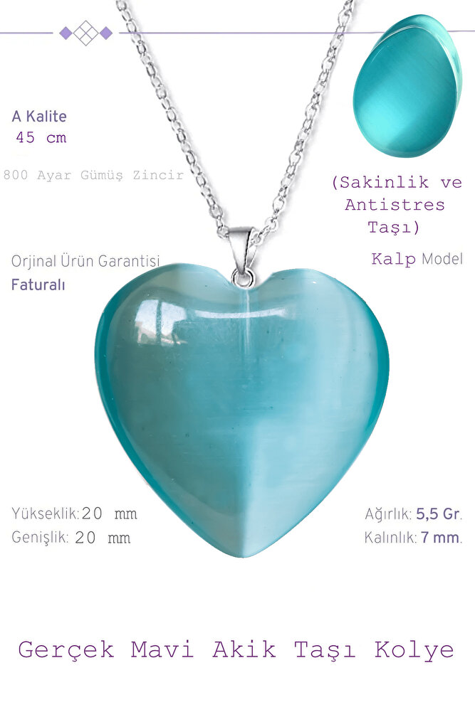 Sertifikalı Kalp Model Açık Mavi Akik Taşı Kolye (Gümüş Aparatlı)