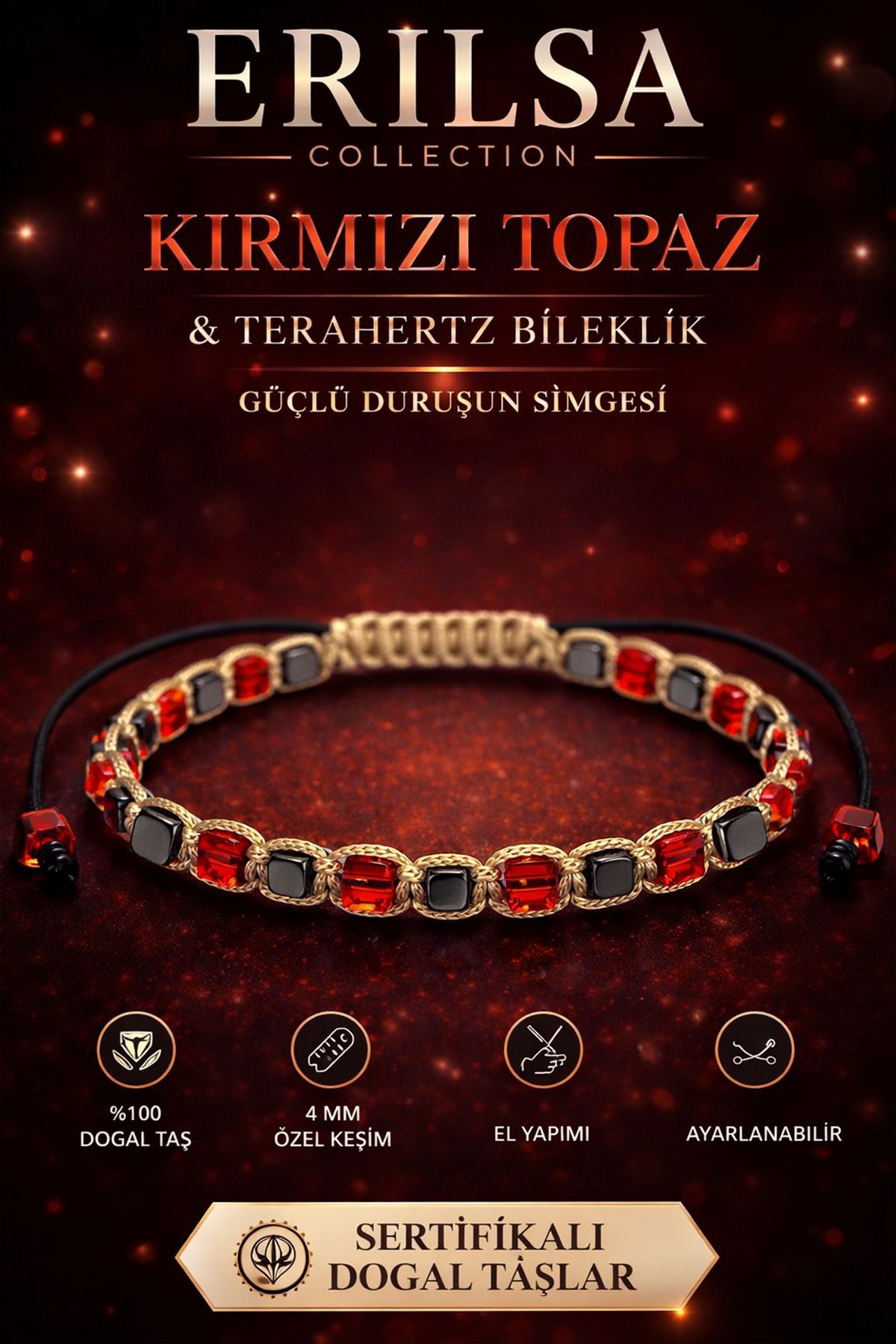 Sertifikalı Kırmızı Topaz Terahertz Bileklik 4 MM Küp Kesim – Doğal Taş El Yapımı Ayarlanabilir