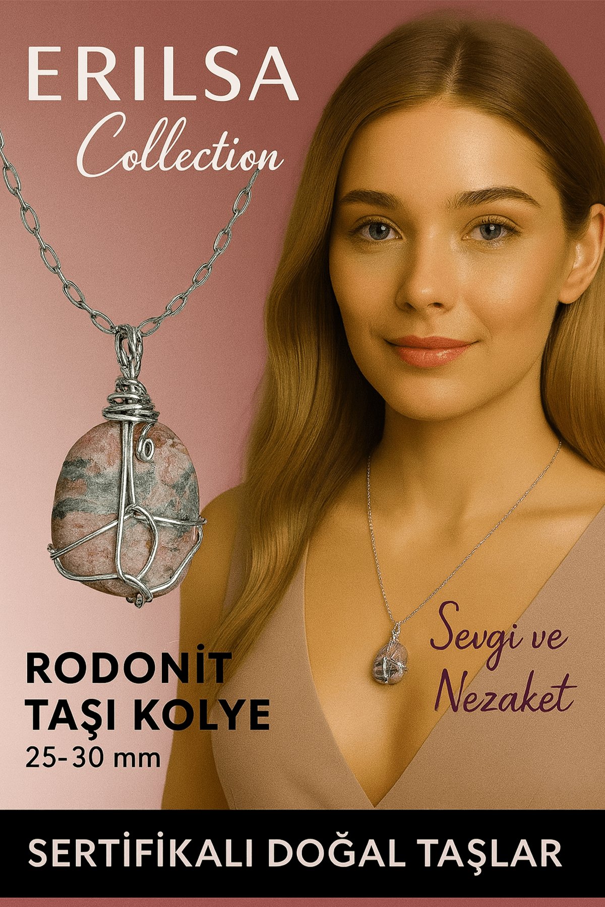 Sertifikalı Gümüş Tel Sargılı Doğal Rodonit Taşı Kolye – 25-30 mm Sevgi ve Şefkat Taşı