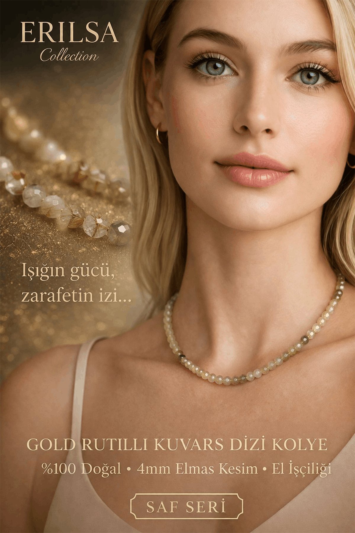 Sertifikalı Gold Rutil Kuvars Dizi Kolye - 4mm Elmas Kesim Minimal Seri Doğal Taş