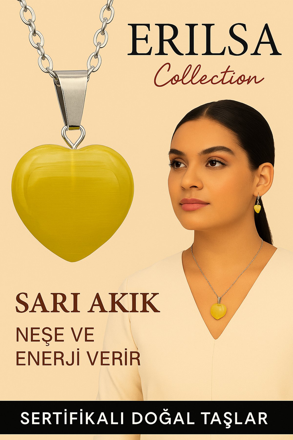 Sertifikalı Kalp Model Sarı Akik Taşı Kolye – İçsel Güç, Neşe ve Günlük Enerji Desteği