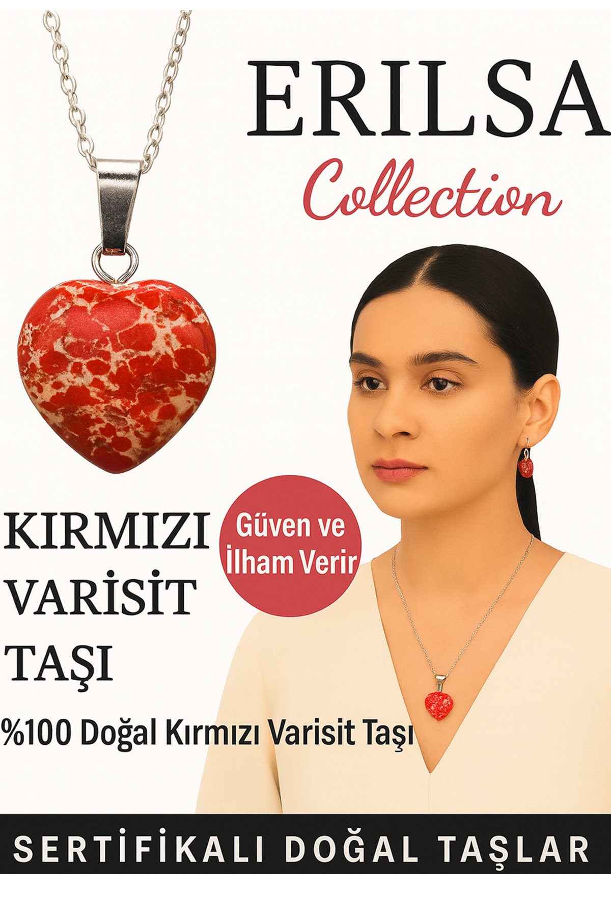 Sertifikalı Kalp Model Kırmızı Varisit Doğal Taş Kolye – Güven ve İlham Verir