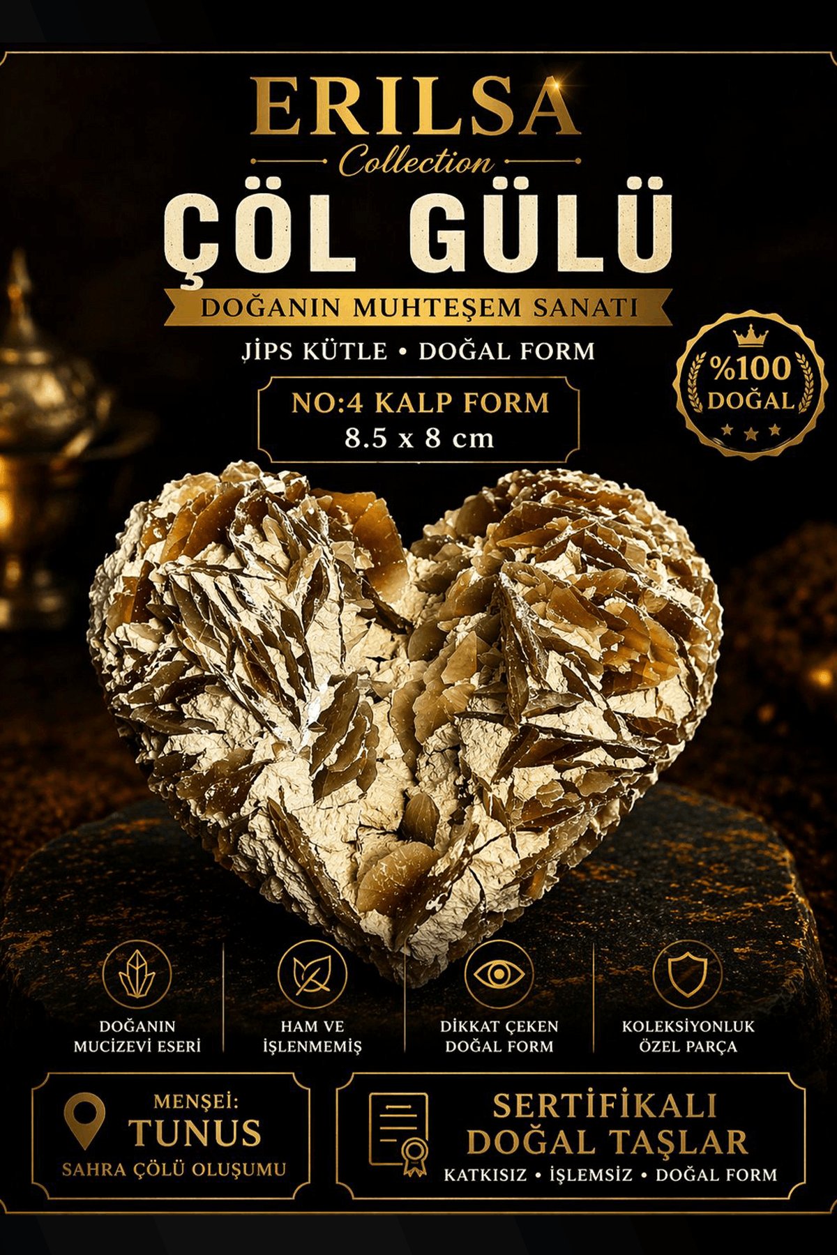 Sertifikalı Çöl Gülü Taşı Kütle - 8.5x8 cm Kalp Form Koleksiyonluk Doğal Jips Kütle