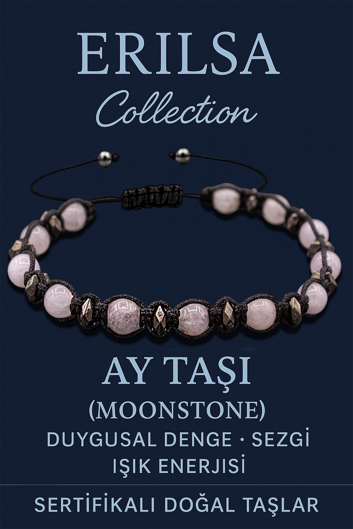 Sertifikalı 6 mm Makrome Terahertz & Ay Taşı Bileklik – Duygusal Huzur, Sezgi ve Koruma