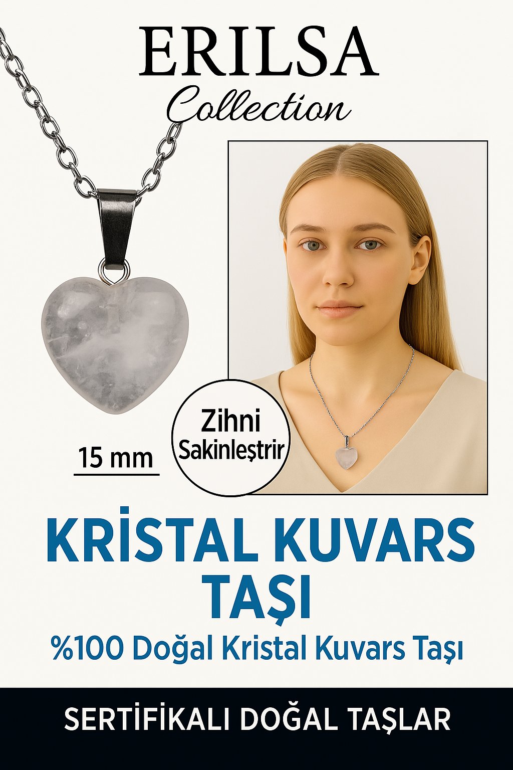 Sertifikalı Kalp Model Mini Kristal Kuvars Kolye – Arınma, Şifa ve Enerji Dengesi Taşı