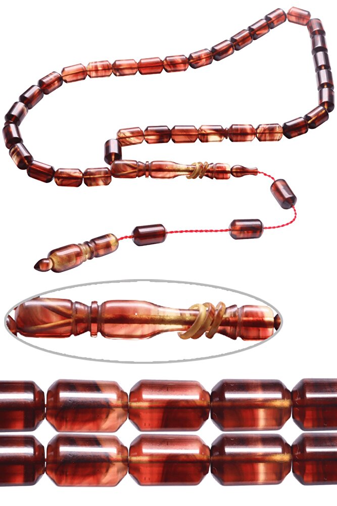 Sistemli Kapsül Kesim Kırmızı Renkli Halkalı Yoğun Hareli Sıkma Kehribar Tesbih