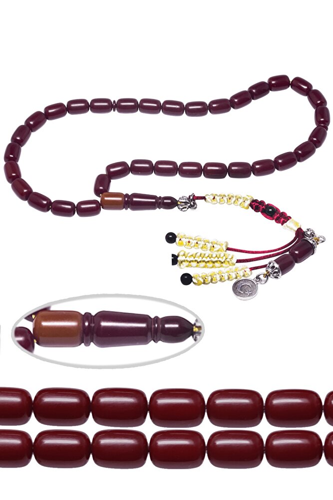 Sertifikalı Bordo Renkli Kapsül Kesim Imame Traşlı Sıkma Kehribar Tesbih