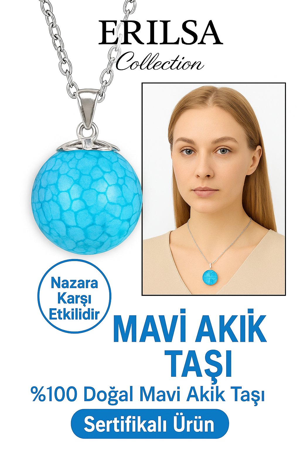 Sertifikalı Yuvarlak Doğal Damarlı Mavi Akik Kolye – Koruyucu Enerji