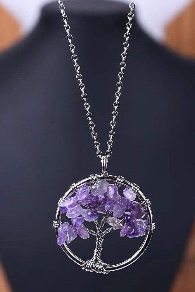 Sertifikalı Doğal Ametist Taşı Hayat Ağacı Kolye