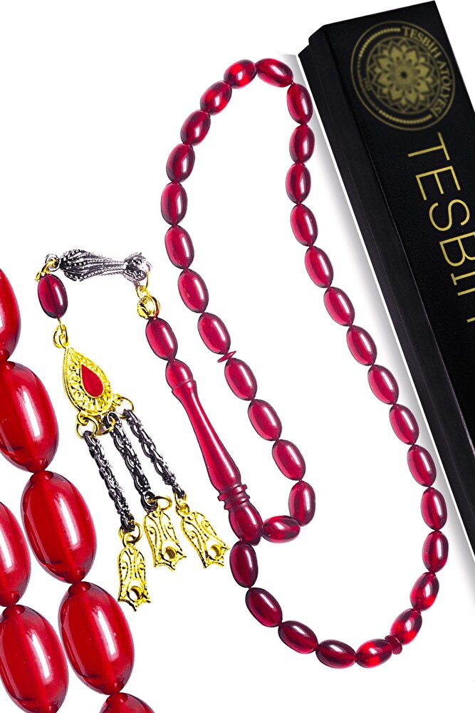 Kırmızı Renkli Beyzi Kesim Ateş Kehribar Tesbih