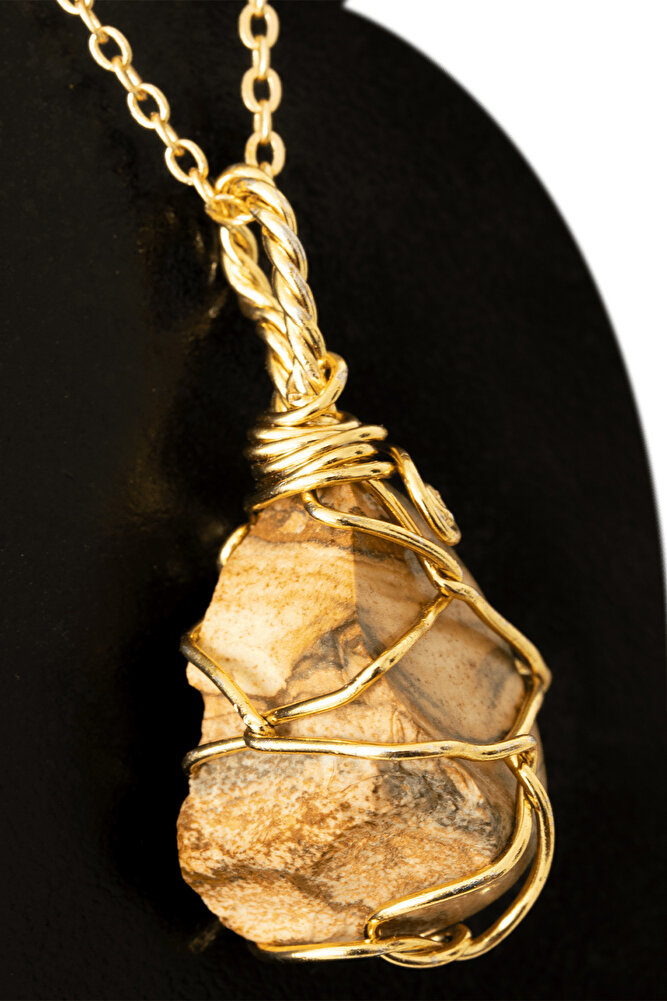 Sertifikalı Ham Tel Sargılı Kahverengi Ağaç Jasper Taşı Kolye - Altın Kaplama
