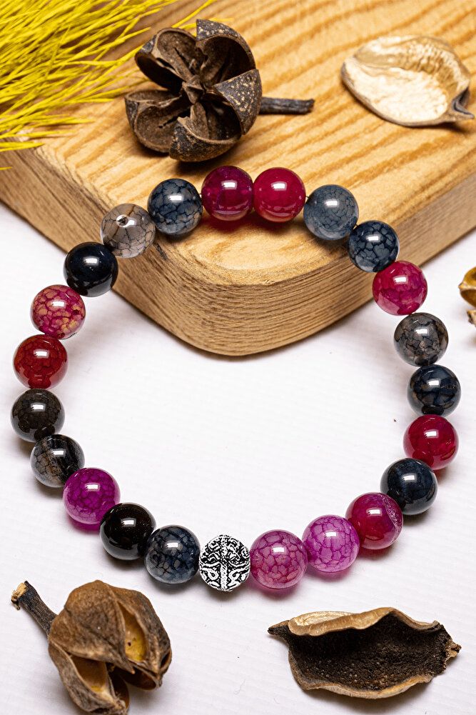 Sertifikalı Aaa+ Kalite Damarlı Renkli Akik Taşı Bileklik - Gümüş Aparatlı