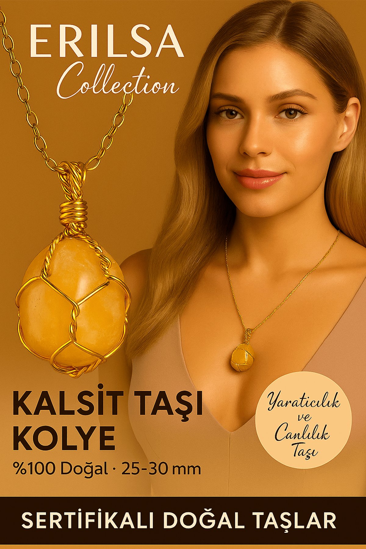 Sertifikalı Tel Sargılı Doğal Sarı Kalsit Taşı Kolye – Altın Kaplama Canlılık ve Enerji Taşı