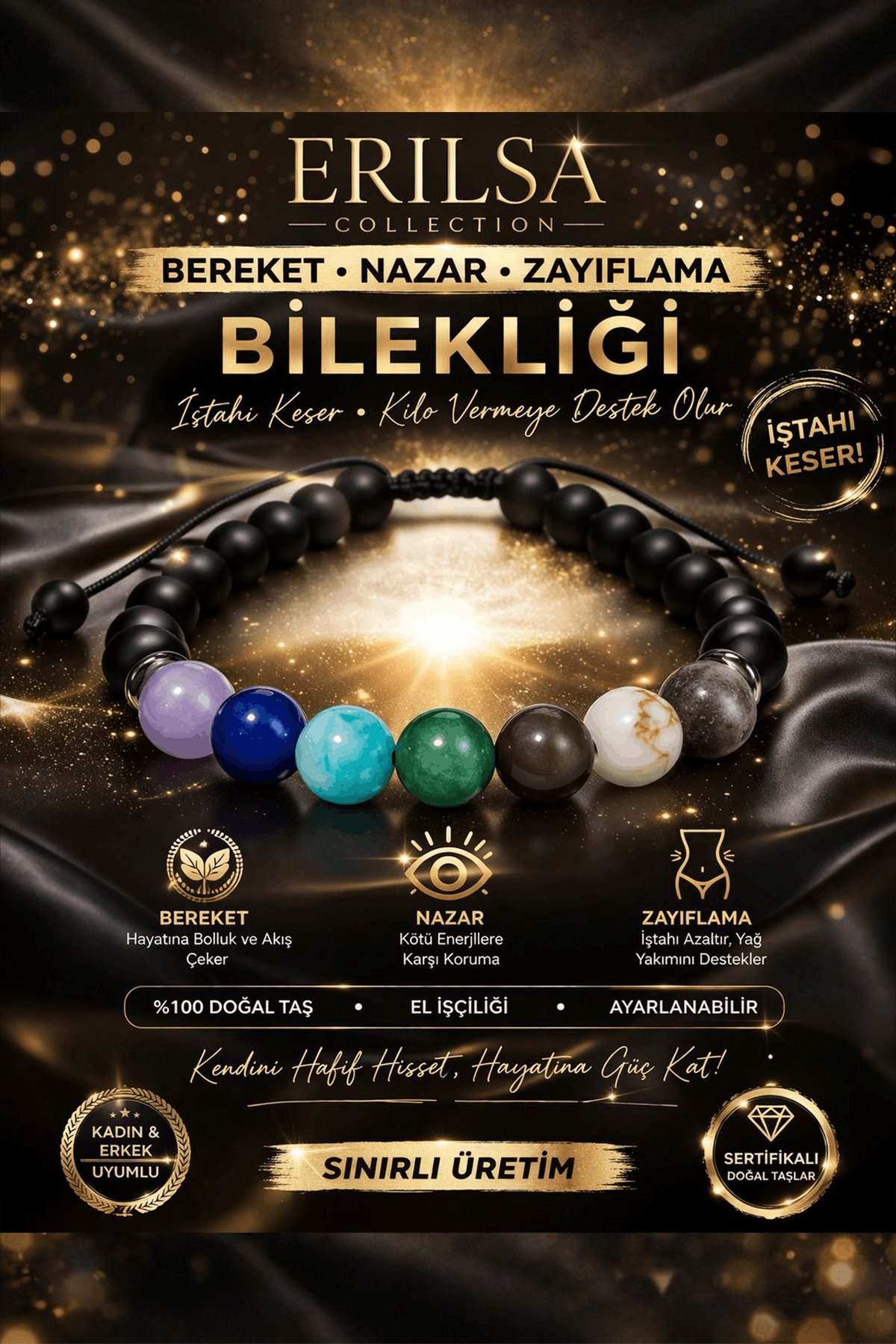 Sertifikalı Doğal Taş Nazar Koruma Bilekliği Bereket Enerji Bilekliği - Akik Ametist Yeşim Kuvars