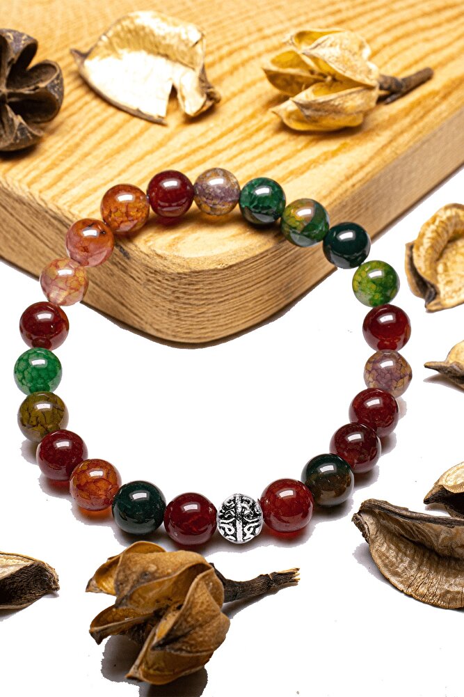 Sertifikalı Multicolor Renkli Akik Taşı Bileklik - Gümüş Aparatlı