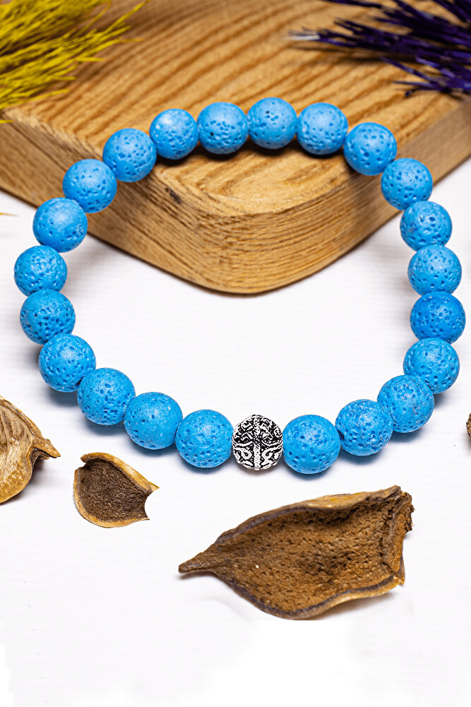 Sertifikalı Volkanik Mavi Lav Taşı Bileklik - Gümüş Aparatlı