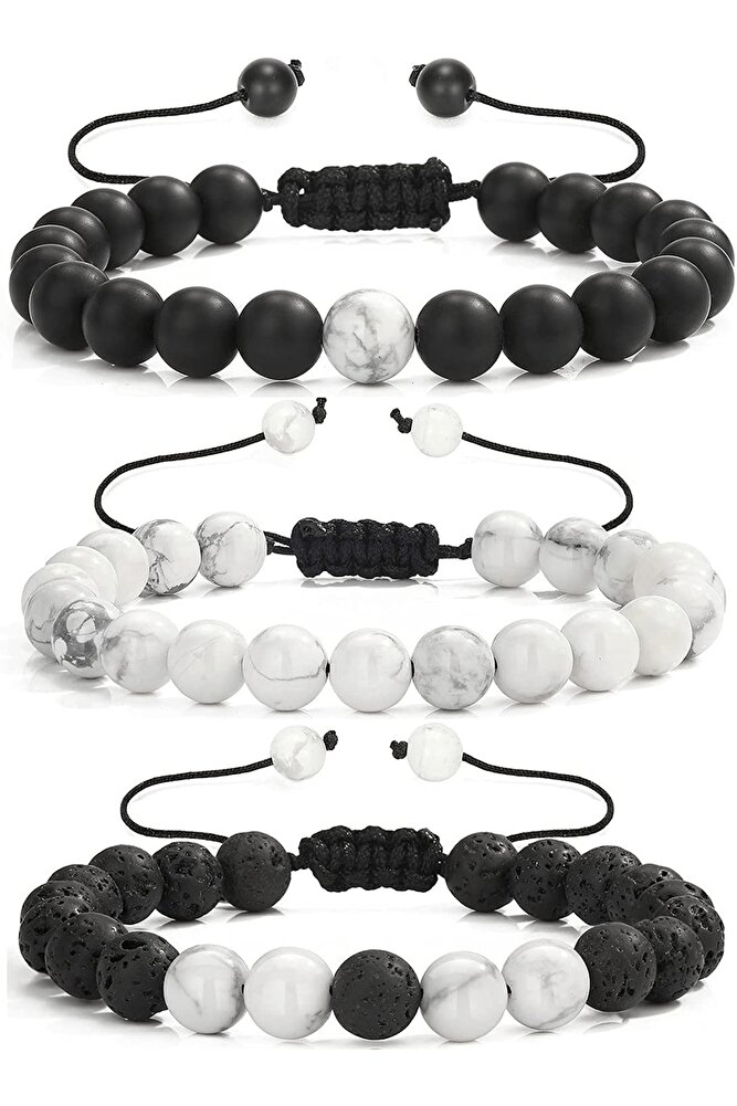 Sertifikalı Aaa Kalite Gerçek Havlit Oniks Lav Taşı Üçlü Bileklik Seti