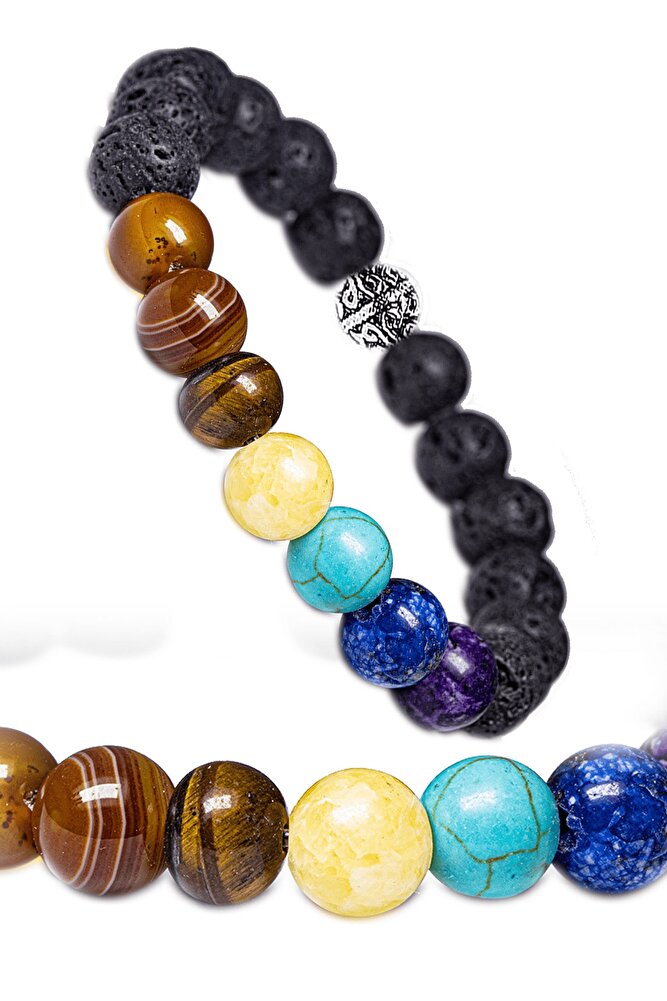 Sertifikalı 7 Çakra Doğal Taş Bileklik (akik Kaplan Gözü Kalsit Firuze Lapis Lazuli Ametist Lav)