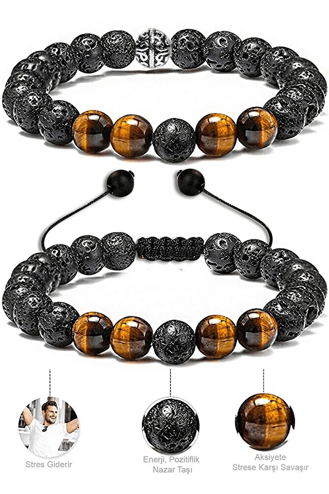 Sertifikalı Kaplan Gözü Lav Taşı Doğal Taş Bileklik Seti