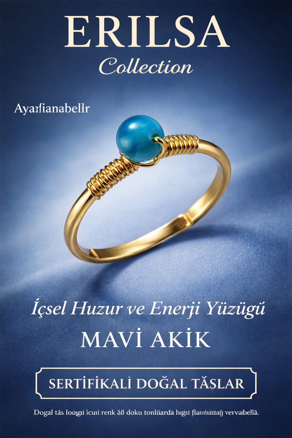 Sertifikalı İçsel Huzur Enerji Yüzüğü – Mavi Akik Taşı Ayarlanabilir Gold İnce Kova Balık Burcu