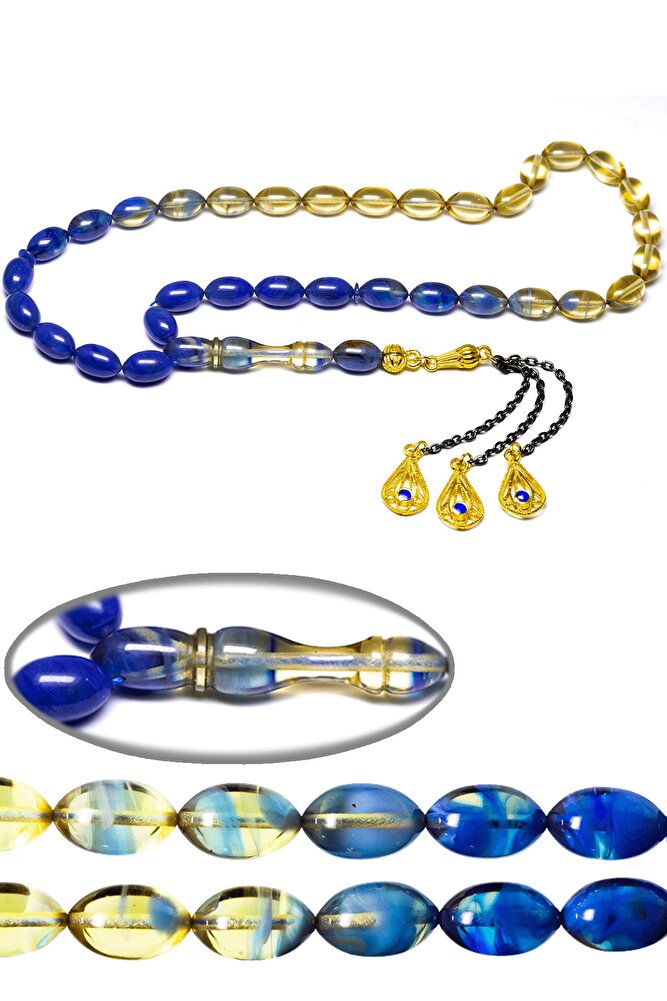 Mavi Şeffaf Renk Hüzmesi Altın Kaplama Püsküllü Ateş Kehribar Tesbih