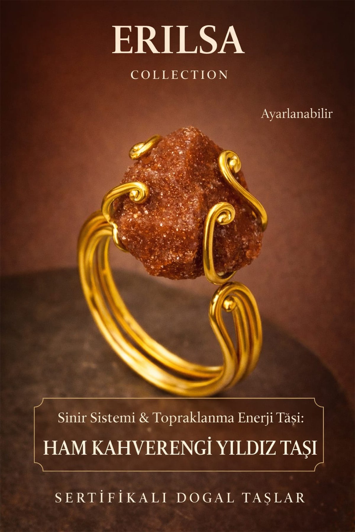 Sertifikalı Sinir Sistemi Topraklanma Enerji Yüzüğü – Ham Kahverengi Yıldız Taşı – Ayarlamalı