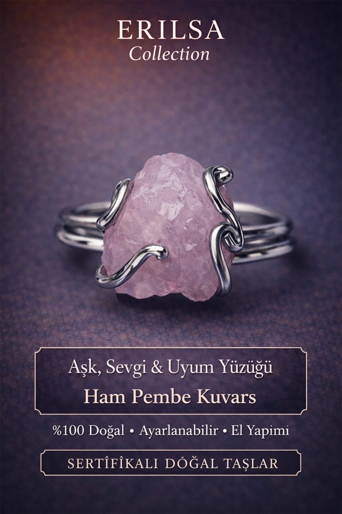 Sertifikalı Aşk Sevgi Uyum Enerji Yüzüğü – Ham Pembe Kuvars – Ayarlamalı
