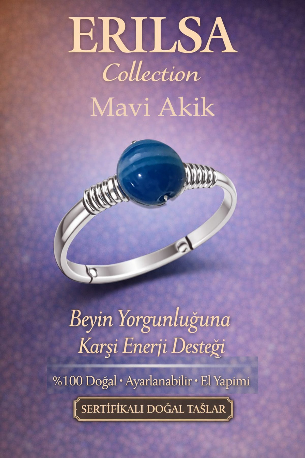 Sertifikalı Zihinsel Denge Enerji Yüzüğü – Damarlı Mavi Akik Ayarlamalı İnce Kasa Terazi Balık Burcu