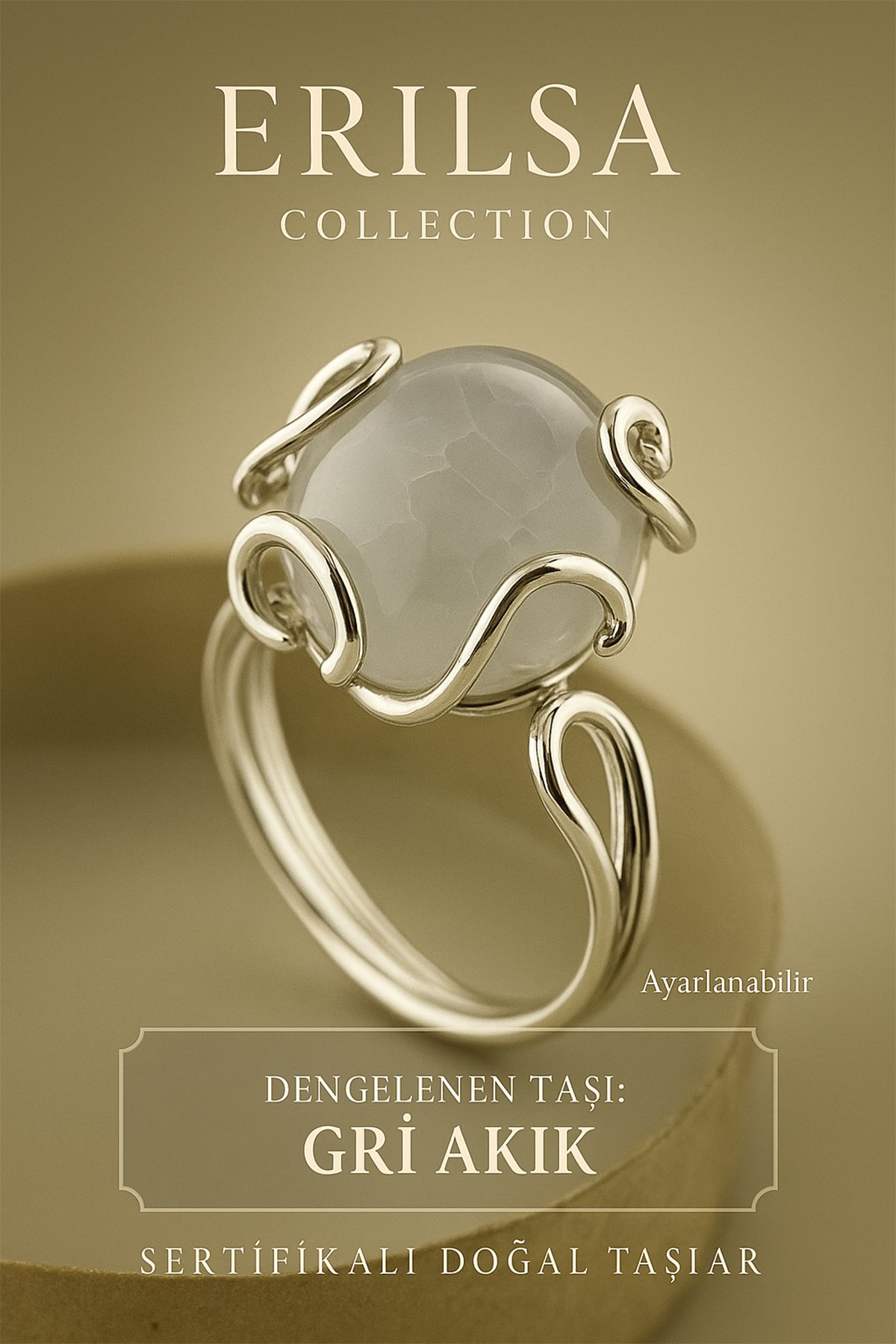 Sertifikalı Doğal Gri Akik Taşı Yüzük – Ayarlanabilir Şık Tasarım – Denge ve Enerji