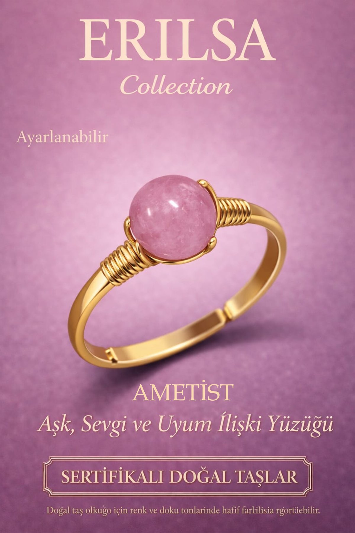 Sertifikalı Aşk Sevgi Uyum Enerji Yüzüğü – Ametist Taşı Ayarlanabilir Gold İnce Balık Kova Burcu