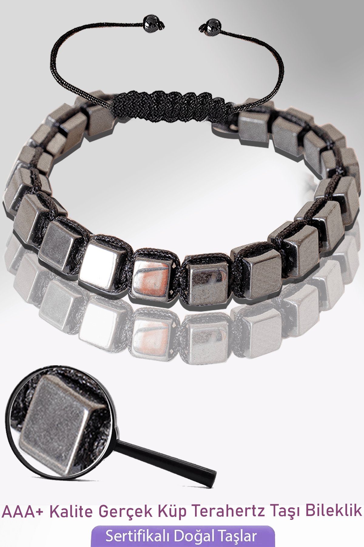 Sertifikalı Küp Model Gerçek Terahertz Taşı Bileklik - Titreşim Taşı