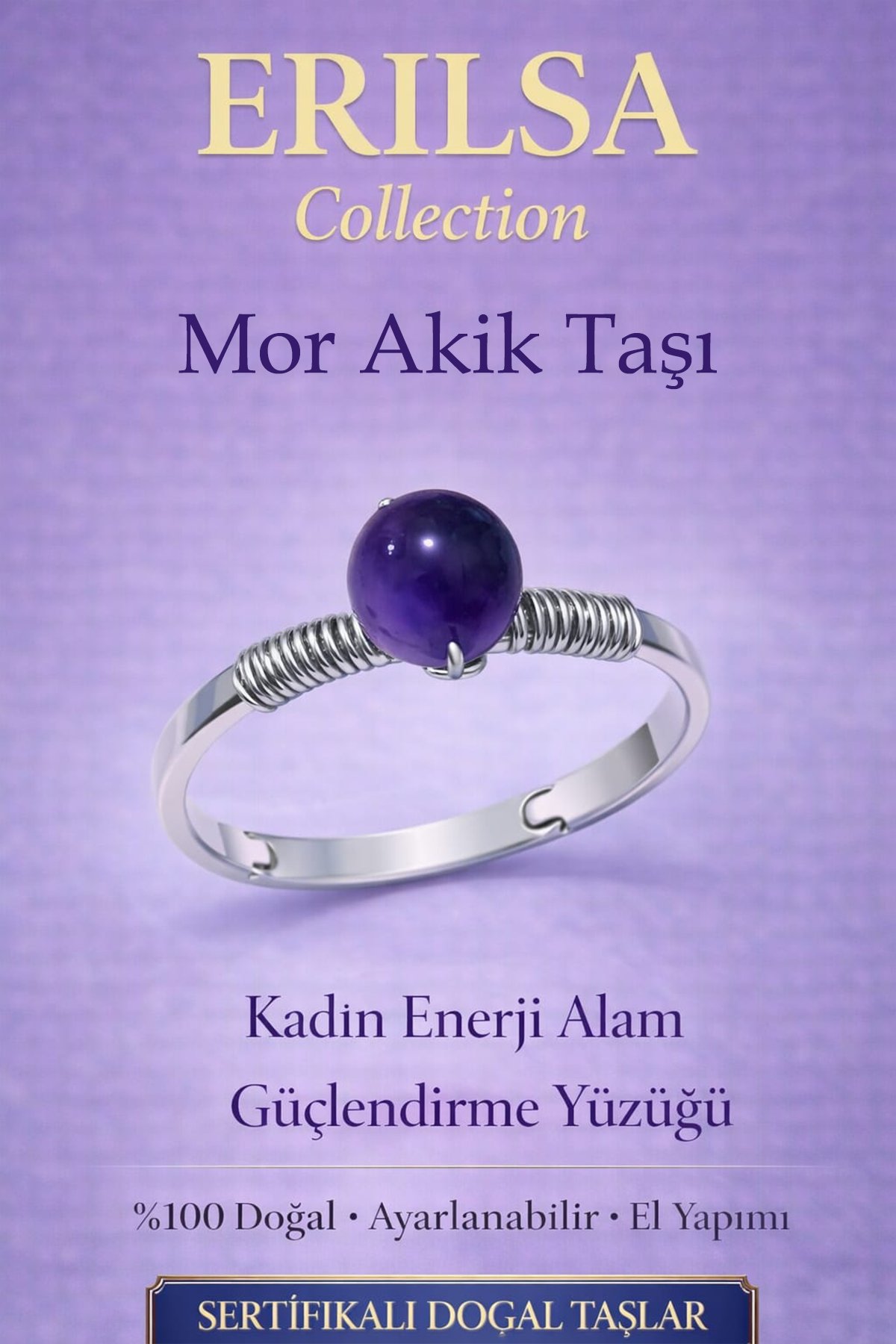 Sertifikalı Kadın Enerji Alan Güçlendirme Yüzüğü – Mor Akik Taşı Ayarlamalı İnce Akrep Oğlak Kova