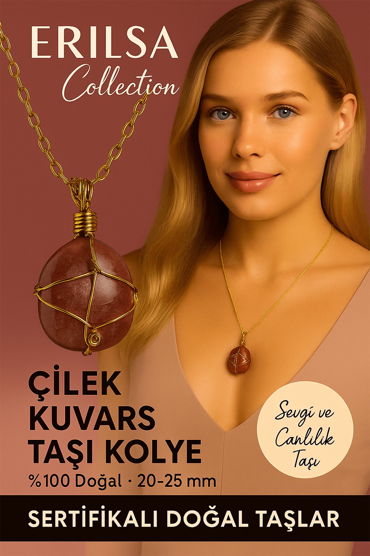 Sertifikalı Doğal Gold Renkli Tel Sargılı Çilek Kuvars Taşı Kolye – Sevgi ve Canlılık Taşı