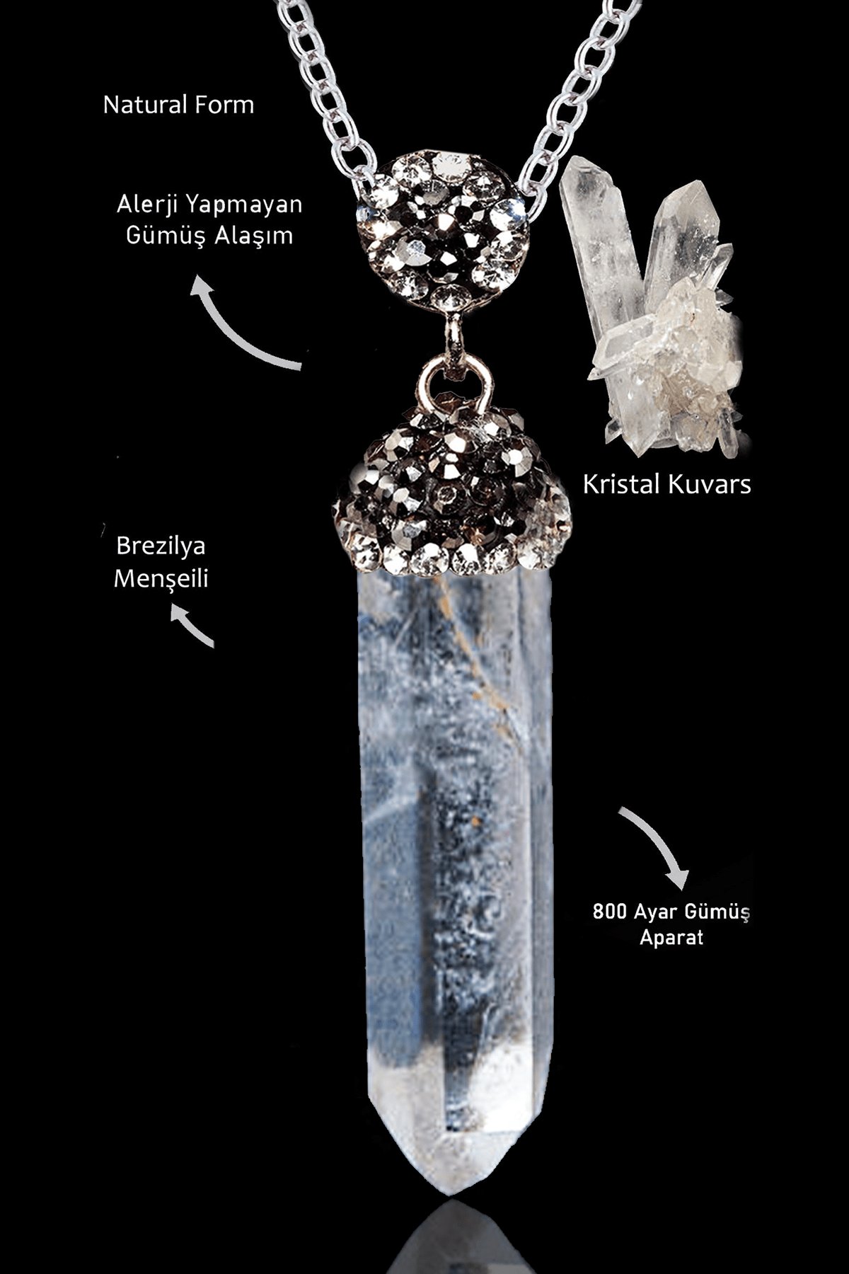 Sertifikalı Ham Diş Obelisk Kesim Zirkon Taşlı Model Kristal Kuvars Kolye