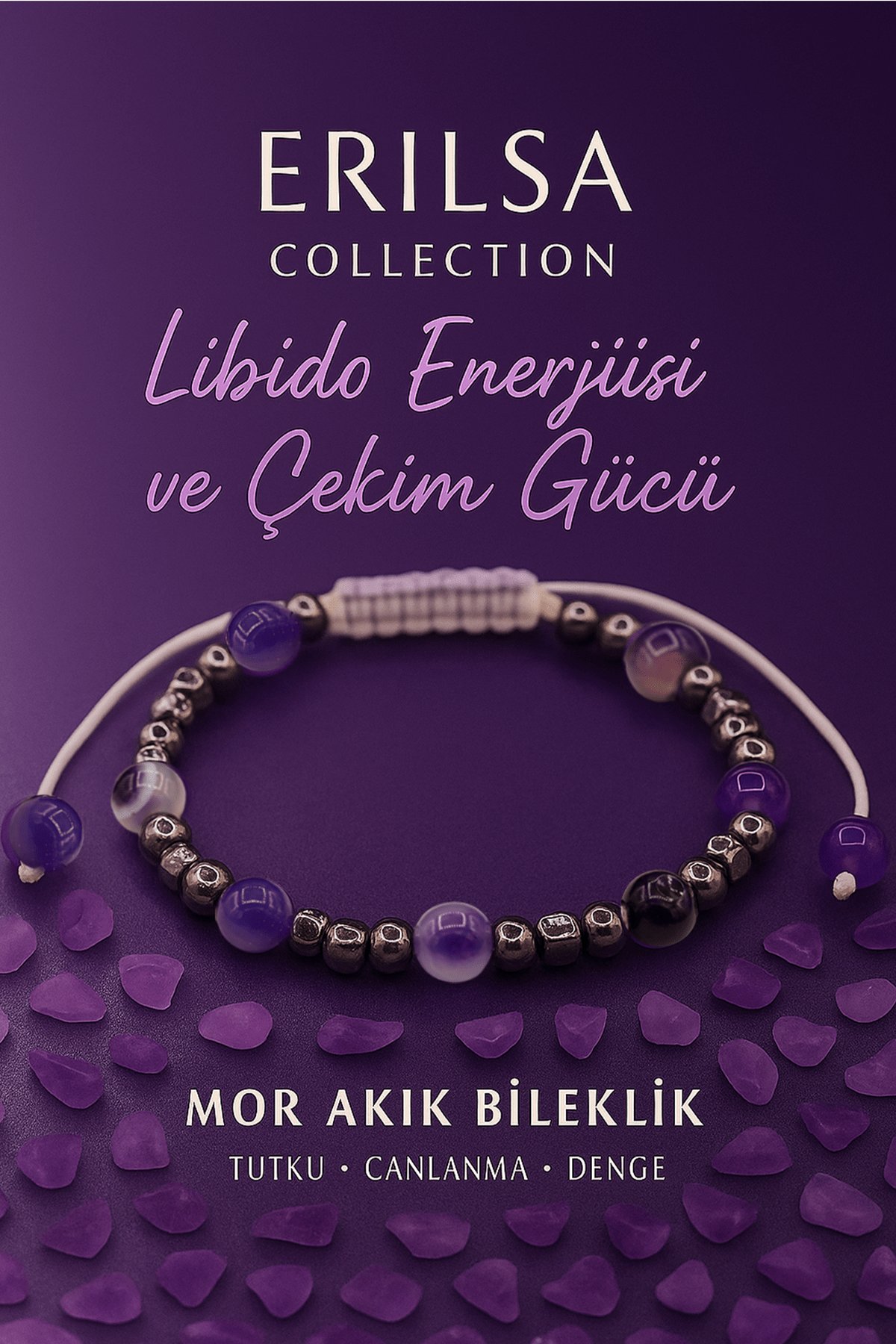 Sertifikalı Libido Enerjisi Artırma  Çekim Gücü Bilekliği - Mor Akik ve Terahertz 6 mm Doğal Taş