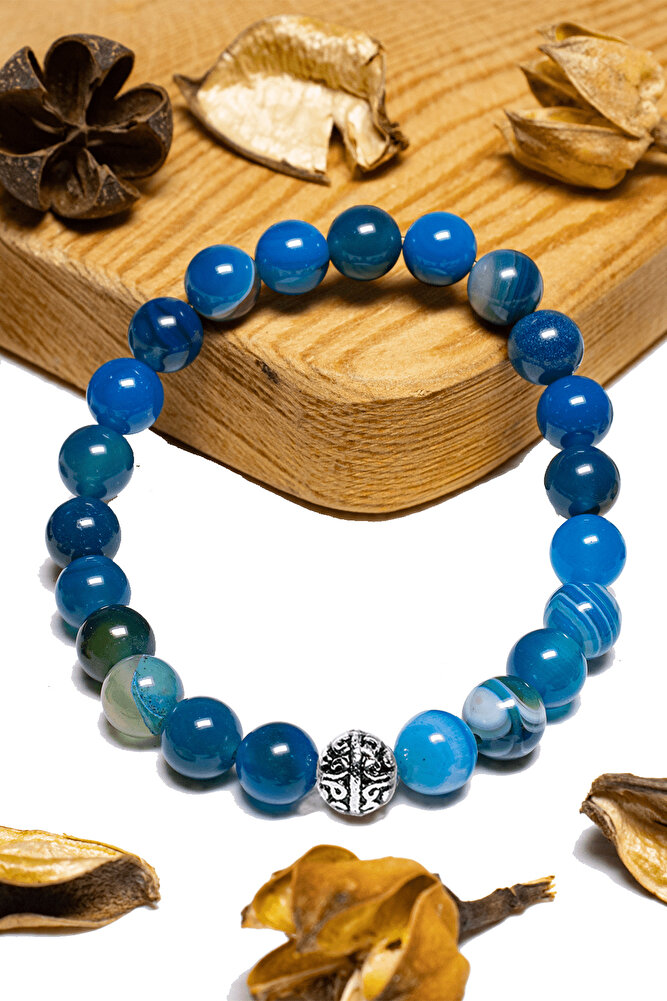 Sertifikalı Aaa+ Damarlı Mavi Akik Taşı Bileklik - Gümüş Aparatlı