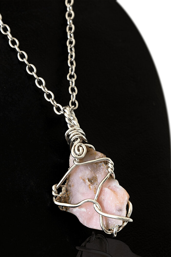 Sertifikalı Ham Işlenmemiş Tel Sargılı Afrika Pembe Opal Taşı Kolye